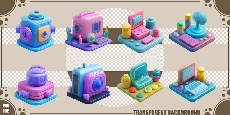 Kostenlose PSD farbige 3d-ikonen von retro-technologie-gadgets