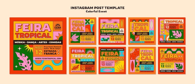 Farbige design-vorlage für instagram-posts