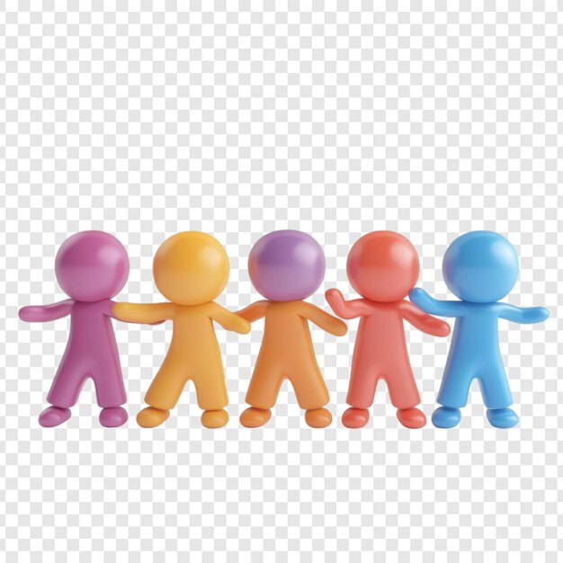 Farbige Einheit Eine 3D-Rendering von fünf Figuren, die sich die Hände halten und Teamarbeit, Freundschaft und Zusammenarbeit symbolisieren