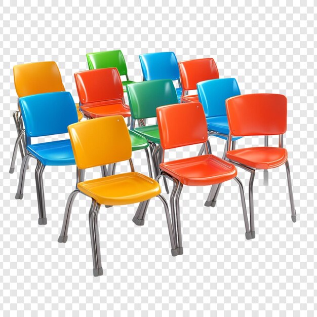 Farbige Stühle zusammengestellt fröhliche Klassenzimmer Einstellung lebendige Primärfarben