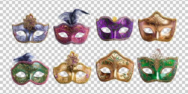 Farbige venezianische Masken mit Federn und dekorativen Elementen