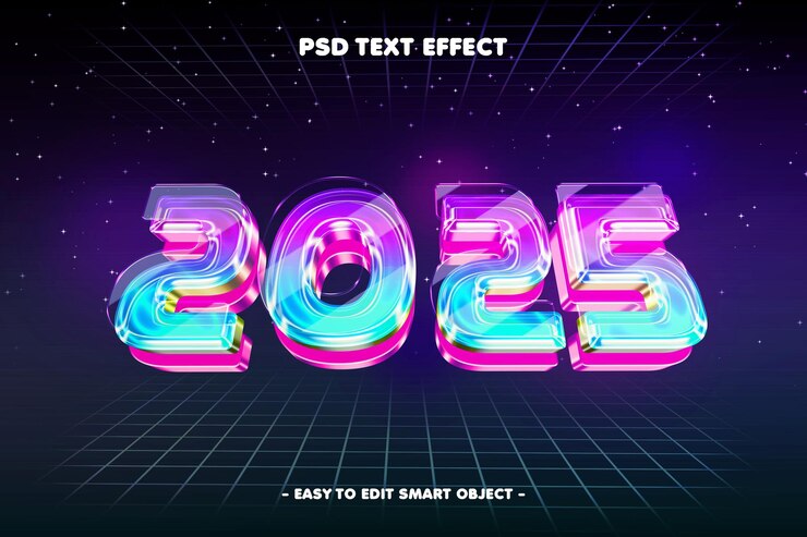 Kostenlose PSD farbiges glühendes glückliches neujahr 2025 bearbeitbares texteffekt