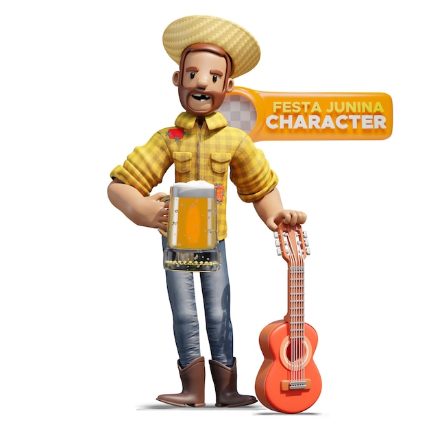 Festa junina-figur mit bier und gitarre, 3d-illustration