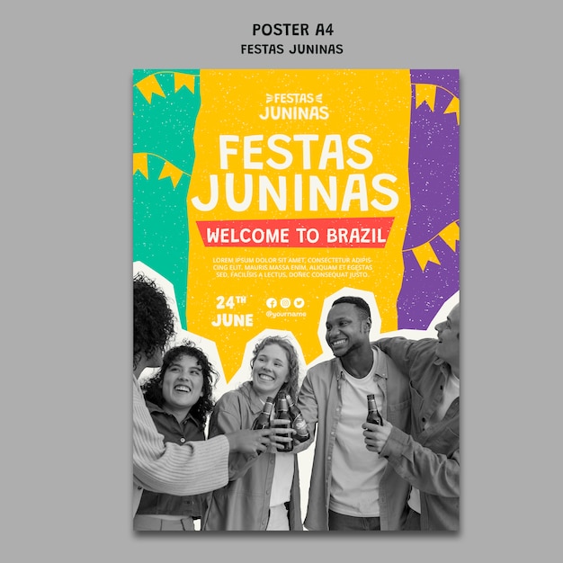 Kostenlose PSD festas juninas vertikale plakatvorlage im papierausschnitt-stil