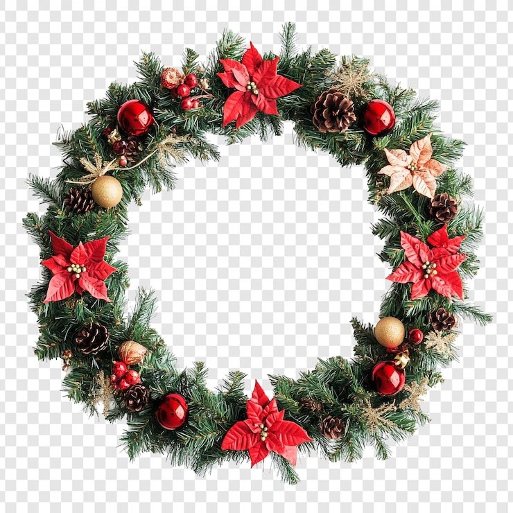 Kostenlose PSD festlicher weihnachtskranz mit weihnachtenblumen und ornamenten