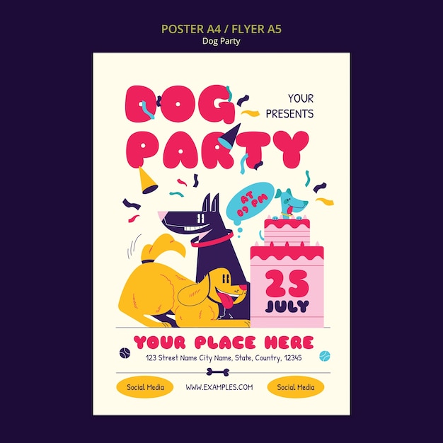 Kostenlose PSD flache design-hundeparty-plakatvorlage