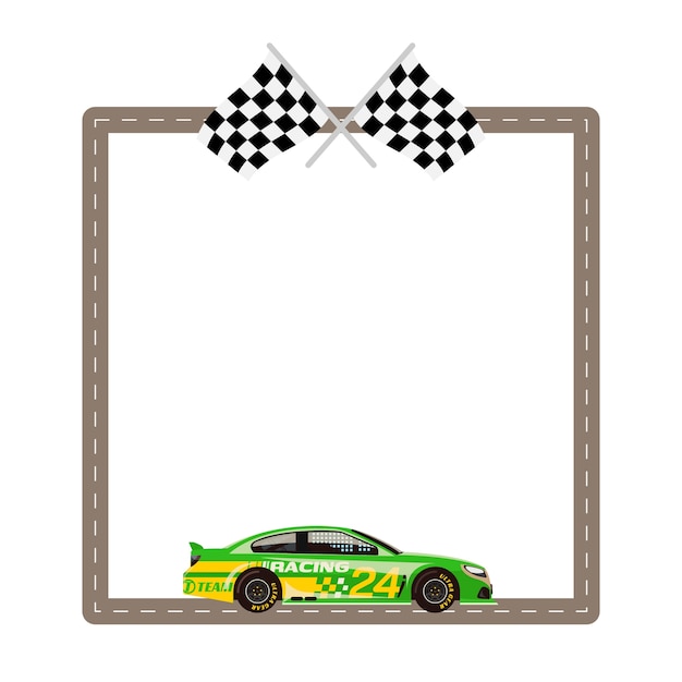 Flache Designillustration eines Autos mit Rahmen und Rennflagge