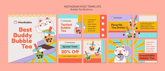 Kostenlose PSD flaches design bubble tea instagram post set