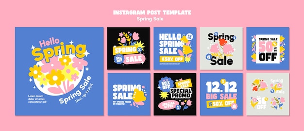 Kostenlose PSD flaches design frühlingsverkauf instagram post set