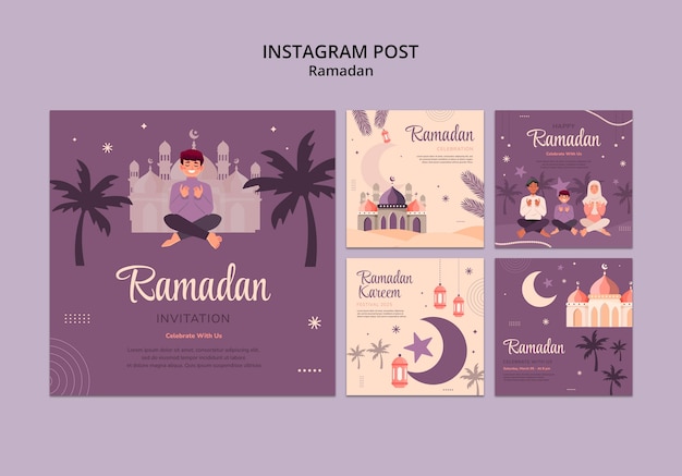 Kostenlose PSD flaches design ramadan feier instagram post set