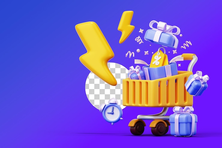 Kostenlose PSD flash-verkaufs-einkaufswagen mit geschenkbox-gutschein einkaufstag 3d-banner-hintergrund