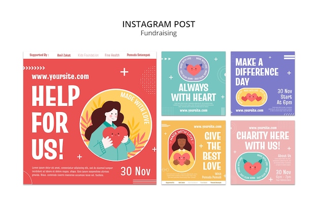 Kostenlose PSD flat design fundraising-veranstaltung instagram-posts