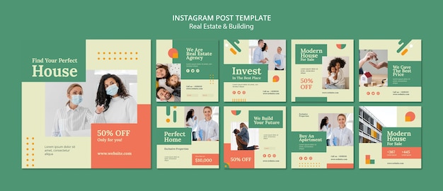 Kostenlose PSD flat design immobilien und gebäude instagram-posts