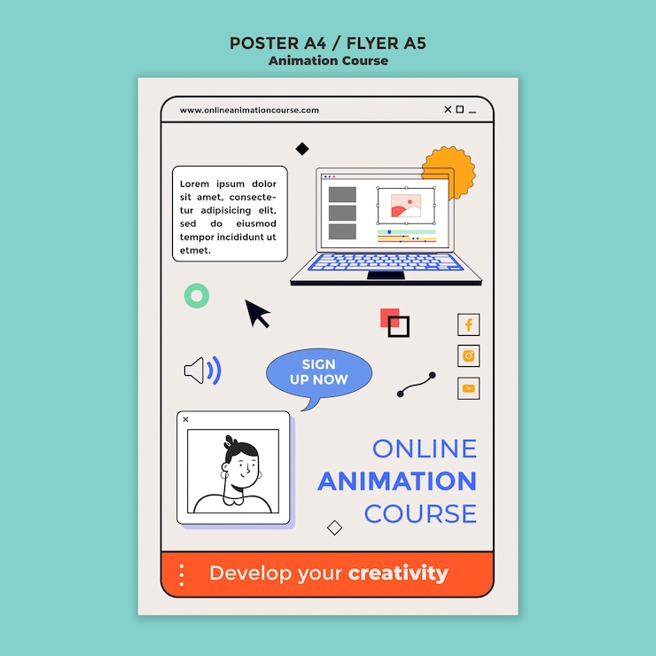 Kostenlose PSD flyer-vorlage für online-animationskurse