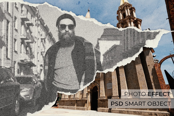 Kostenlose PSD fotoeffekt zerrissenes papierdesign