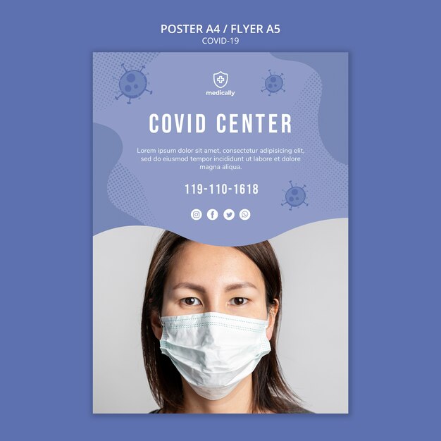 Frau, die Maske Coronavirus Flyer Vorlage trägt