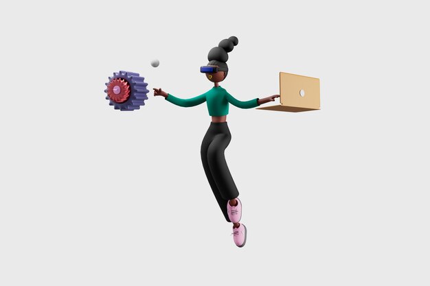 Frau mit virtual-reality-brille und arbeiten am laptop auf isoliertem hintergrund 3d-illustration zeichentrickfiguren