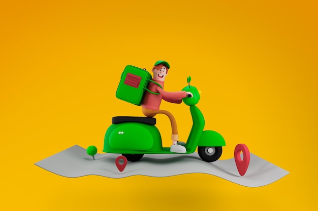 Fröhlicher Liefermann in Uniform, der Motorrad mit Tasche auf Karte mit isoliertem Hintergrund fährt Lieferkonzept 3D-Render-Cartoon-Figur