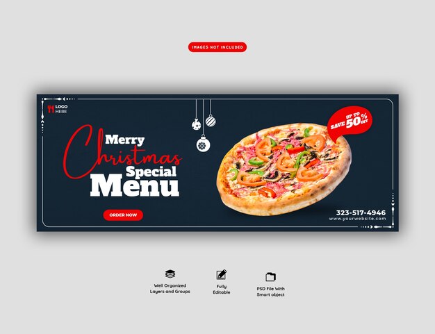 Frohe Weihnachten Essen Menü und köstliche Pizza Facebook Cover Banner Vorlage