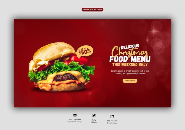Frohe weihnachten köstliche burger und essen menü web banner vorlage