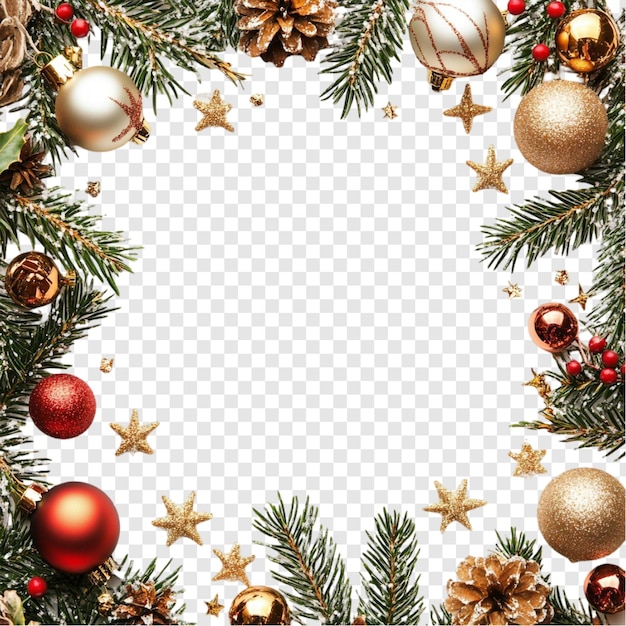 Froher Weihnachtsfestrahmen mit Ornamenten und Kiefernzweigen