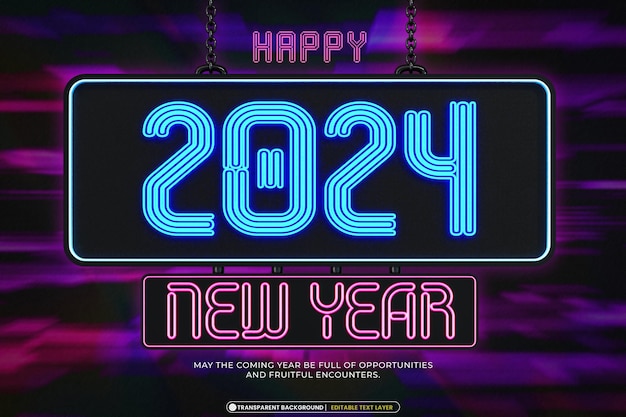 Kostenlose PSD frohes neues jahr 2024 neon-stil 3d-banner-design-vorlage