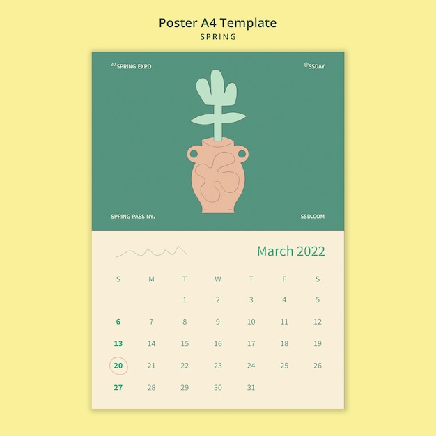 Frühling vertikale Plakatvorlage mit Kalender und Blume