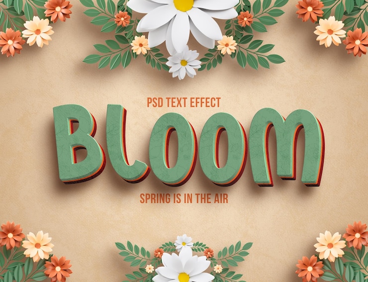 Kostenlose PSD frühlingsblumen editierbarer texteffekt