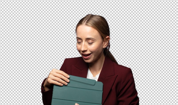 Geschäftsfrau mit einem Touchscreen-Pad