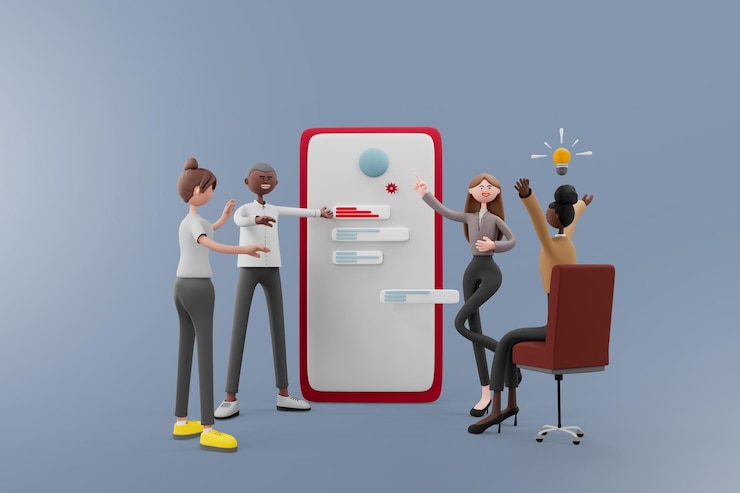 Kostenlose PSD geschäftsleute, die dokumente und ideen bei einem treffen mit smartphone auf isoliertem hintergrund diskutieren geschäftsfrau, die eine idee hat geschäfts- und technologiekonzept 3d-rendering-zeichentrickfigur