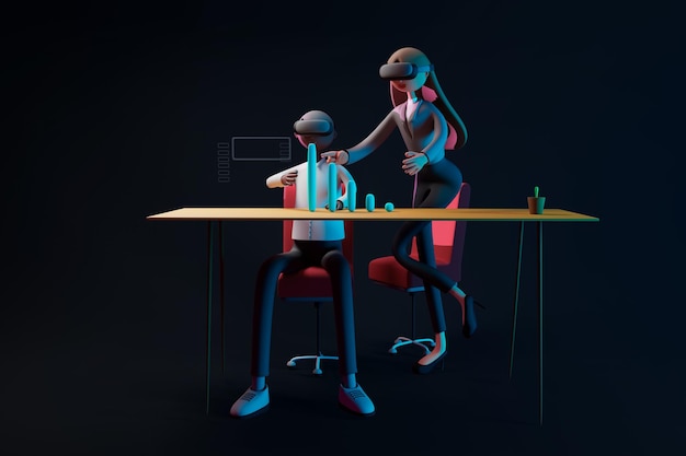 Geschäftsmann und Geschäftsfrau mit VR-Brille in der virtuellen Realität berühren und analysieren die Business-Chart-Schnittstelle 3D-Render-Cartoon-Figur