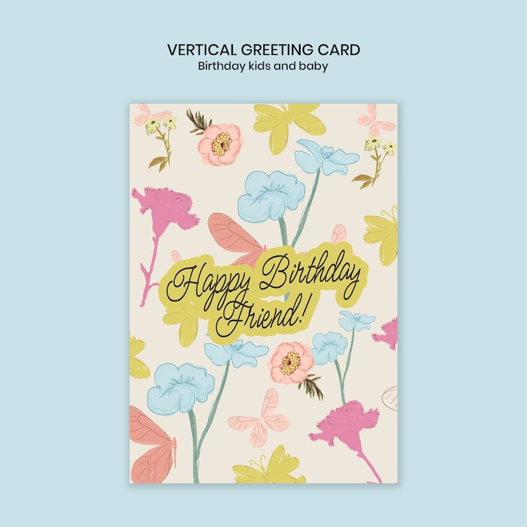 Kostenlose PSD glücklicher geburtstag freund grußkarte mit blumen design für kinder und baby.
