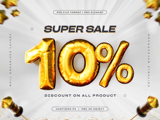 Golden 10 Prozent Rabatt Isolierte 3D-Rendering-Illustration