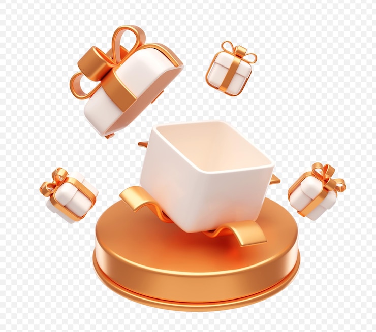 Kostenlose PSD golden luxury gift box showcase 3d festive rendering mit banddekorationen hintergrundillustration