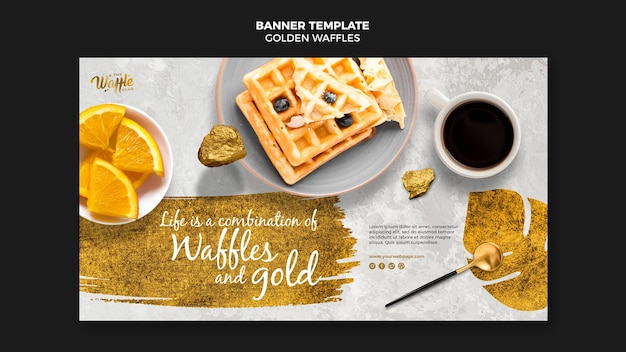 Kostenlose PSD goldene waffeln mit kaffeetassenfahnenschablone