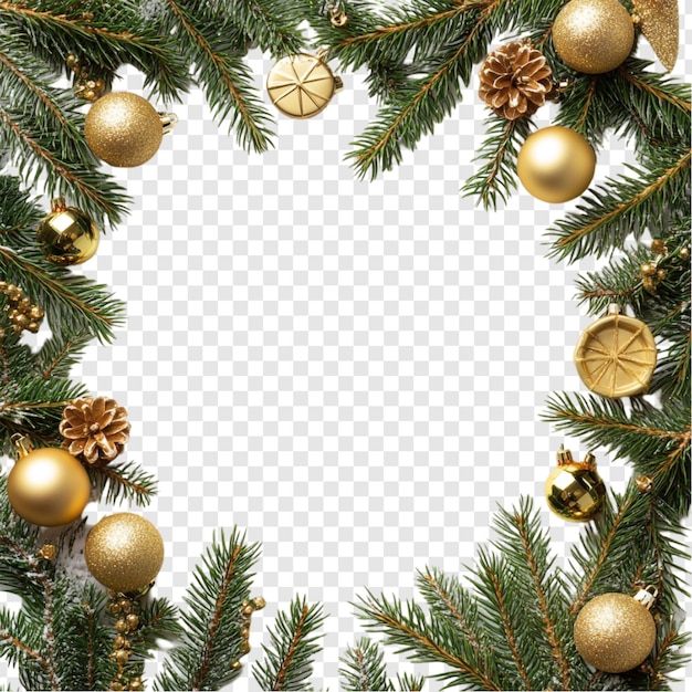 Goldener Weihnachtsrahmen Feierliche Tannenzweige mit Ornamenten