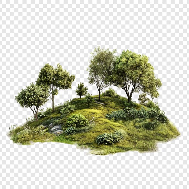 Grüne Insel auf einem Hügel mit Bäumen und Gras