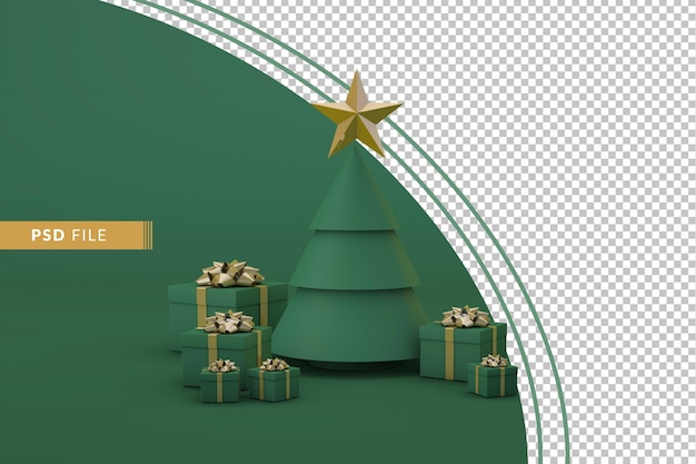 Grüne szene mit weihnachtsbaum und weihnachtsgeschenken