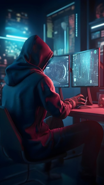 Kostenlose PSD hacker, der einen computer in einem dunklen raum benutzt, cybercrime-konzept 3d-rendering