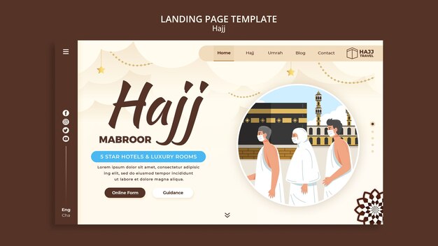 Hajj-Landing-Page-Vorlage mit Mekka und betenden Menschen