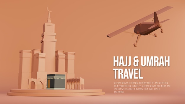 Hajj und umrah reisebürobanner mit 3d kaaba und einem flugzeug im flug
