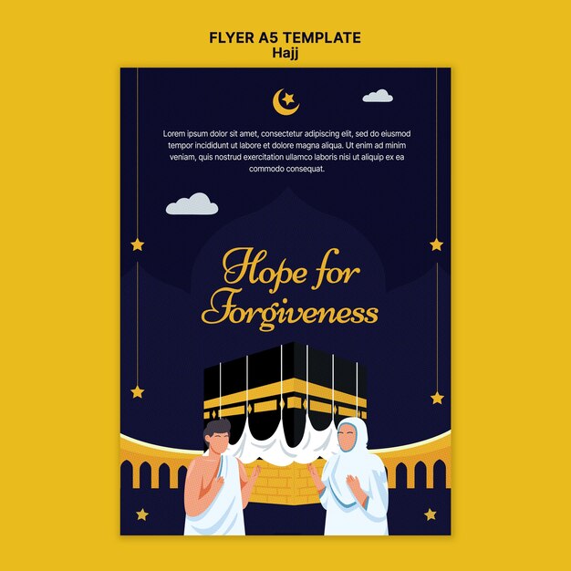 Hajj vertikale Flyer-Vorlage mit Mekka und betenden Menschen
