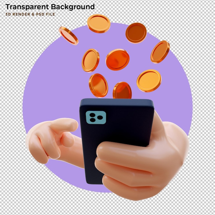 Kostenlose PSD hand des geschäftsmannes, der ein mock-up-smartphone hält, umgeben von goldener münze auf blauem hintergrund, hand, die leeres handy zeigt. 3d-rendering.