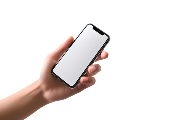 Handgehaltenes smartphone mit leerem bildschirm, isoliert auf weißem hintergrund