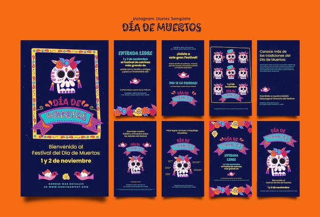 Kostenlose PSD handgezeichnete dia de muertos-instagram-geschichten