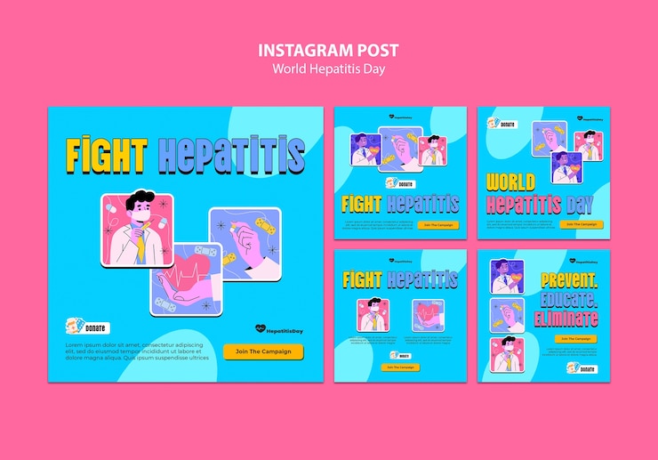 Kostenlose PSD handgezeichnete instagram-beiträge zum welt-hepatitis-tag