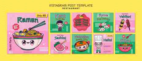 Kostenlose PSD handgezeichnete instagram-posts für asiatische restaurants