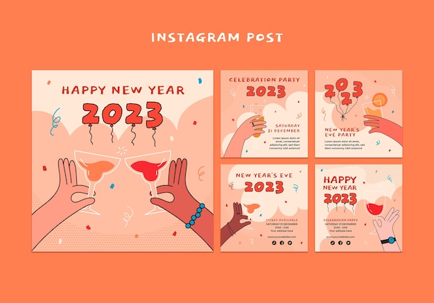 Kostenlose PSD handgezeichnete instagram-posts für das neue jahr 2023