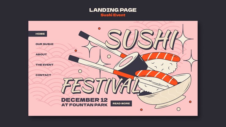 Kostenlose PSD handgezeichnete landingpage für sushi-events