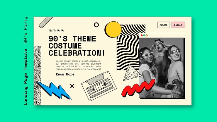 Kostenlose PSD handgezeichnete party-landingpage der 90er jahre